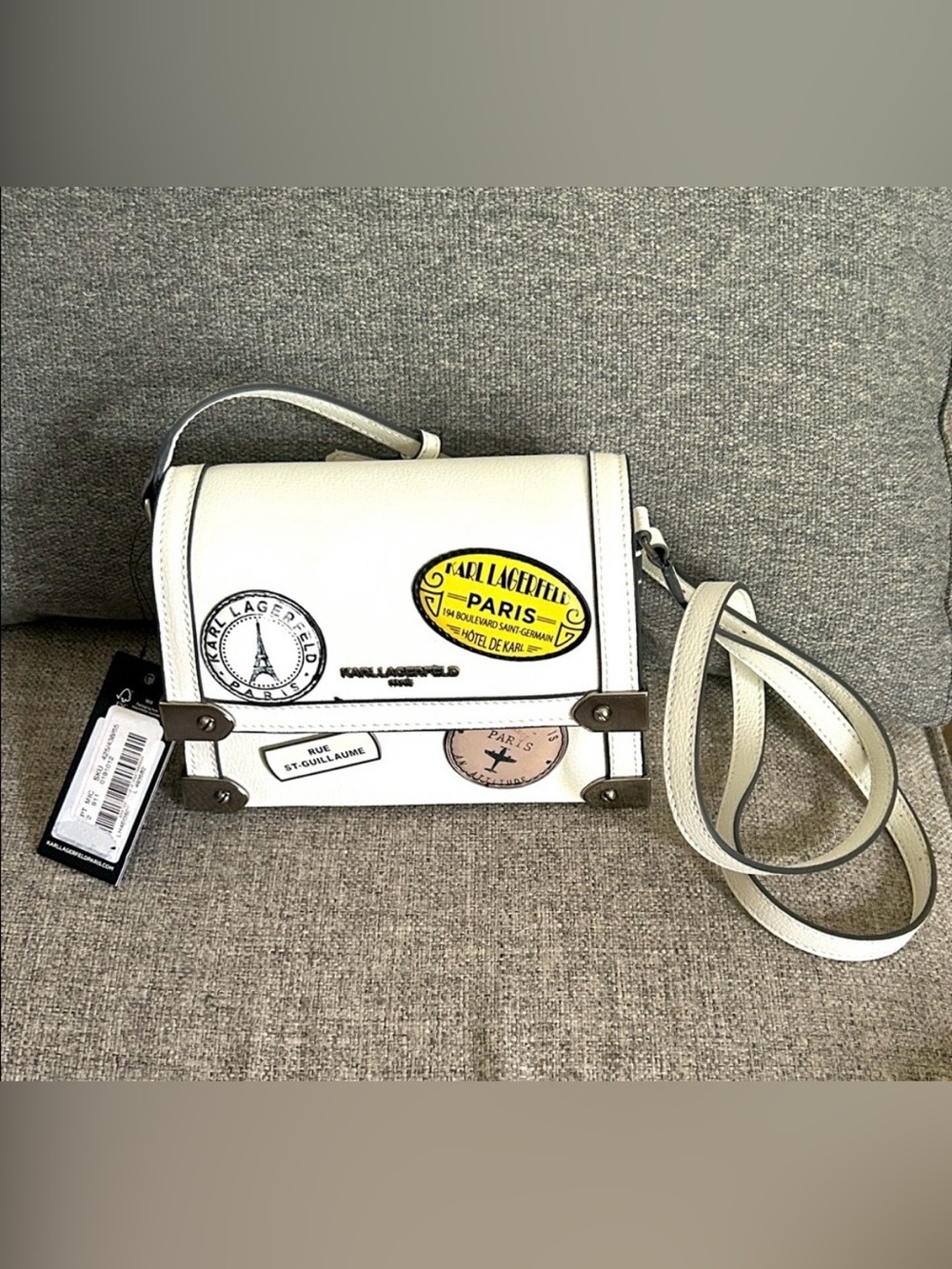 Karl Lagerfeld White Crossbody Bag with Paris Stamp Motifs